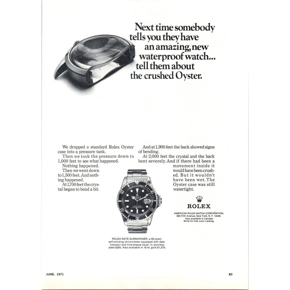 1971 Rolex Date Submariner Wristwatch Watch Vintage Print Ad 70s Fashion Art